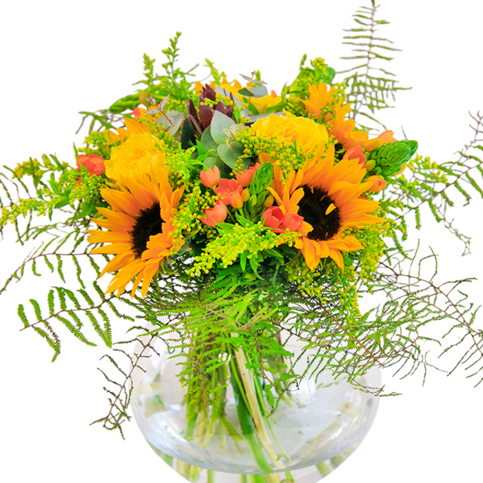 From the first glance, this bouquet offers an impression of exuberance and celebration-a homage to the bright spirit of Earl's Court in high summer. Sunflowers, bold and golden, display their textured petals in vibrant whorls around deep, velvety centres, reminiscent of the seasonal displays seen along Earl's Court Road. Twining between them, plush yellow garden roses unfurl gracefully, their creamy petals soft and plentiful, evoking both warmth and refined style. Sparkling red hypericum berries nestle among the flowers, their glossy skins popping vibrantly against the smooth, matte yellow-a bit like the hidden charm found in local postage-stamp gardens behind historic facades. A symphony of greenery fills out the composition: feathery ferns curve delicately over the edge of the vase, light green sprigs of goldenrod provide kinetic energy, and blue-green eucalyptus leaves lend a refreshing, contemporary finish. All are anchored by the clear fishbowl vase that lays bare the tangled stems, suggesting transparency and freshness at every glance. Approach closely and you'll notice the tactile contrast where flower, fruit, and foliage meet: the suede of sunflowers, the plushness of roses, the subtle snap of greens, and the cool gloss of berries. The arrangement's airy fragrance is a gentle reminder of Earl's Court's open green spaces and tranquil side streets. Ideal as a radiant centrepiece for gatherings, milestone celebrations, or simply to bring a touch of seasonal colour into a beloved home, this bouquet is a testament to the neighborhood's blend of vibrancy and tradition.