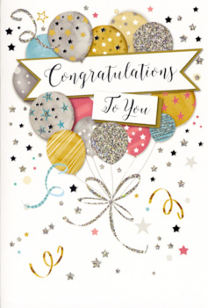 This congratulations card feels like a small, beautifully composed celebration, much like an intimate gathering in a stylish Earls Court apartment. At the centre of the card, a lush bouquet of illustrated balloons rises upward, creating a vertical column of colour and gentle motion. The balloons are shaded in a mellow palette of champagne gold, muted silver, soft blue, blush pink, and pale grey, each circle subtly overlapping the next so that they appear to float in gentle layers rather than sit flat on the page. Fine details in metallic ink-twinkling stars, subtle stripes, and tiny dotted patterns-are scattered across their surfaces, suggesting a quiet, refined sparkle when the card catches the light. From the base of the cluster, slender ribbons in gold and silver unwind in easy curves, looping and crossing like the elegant tails of ribbon a florist might let trail from a congratulatory bouquet delivered along Old Brompton Road. A simple yet graceful banner stretches across the centre of the design, bearing the words Congratulations To You in fluid, hand-drawn style calligraphy that feels both celebratory and sincere. Around the main motif, miniature stars, confetti-like dots and delicate swirls float against a pale, uncluttered background, giving a sense of airiness and movement, as though a soft breeze has passed through a party. There is a subtle contrast between the smooth card surface and what appears to be slightly raised glitter and metallic accents, inviting the viewer to imagine the tactile experience of the card in hand. The mood is joyous without being overwhelming, a perfect visual companion to flowers sent to recognise achievements, new roles, or proud personal milestones throughout Earls Court and nearby Kensington.