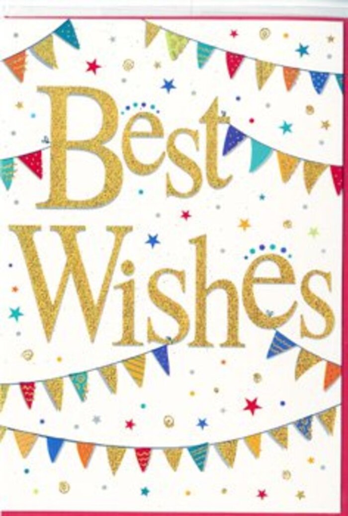 This Best Wishes card captures the feeling of a small celebration unfolding just around the corner from Earls Court station. At its heart, elegant gold calligraphy spells out the words Best Wishes across the centre, the script sweeping and looping with a relaxed confidence that suggests genuine affection. The golden ink is slightly raised, dusted with fine glitter that shimmers gently, never harshly, like the glow from lamplight reflected on wet pavements along Old Brompton Road after a light evening rain. This luminous lettering is framed by curved strands of bunting that stretch across the card's top and bottom edges, echoing arches of festive flags you might see strung above a cosy courtyard gathering. Each petite triangular flag is rendered in bright, saturated colours-cobalt, crimson, grassy green, lemon yellow-and a selection are embellished with miniature patterns, including tiny checks, stripes and spotted designs. These details bring a handmade charm, as if each pennant has been cut from a different scrap of cherished wrapping paper. Scattered in between are small, star-shaped accents and confetti dots that float against the crisp white background, suggesting the joyful chaos of celebration carefully captured and stilled. The spacing is generous, giving the design a modern, airy elegance that would appeal to both traditional and contemporary tastes. This card feels perfect for slipping into a bouquet sent to congratulate a friend on a new job near Cromwell Road, to wish someone luck before a big performance or exam, or to mark a new home in one of Earls Court's quiet side streets. It radiates encouragement and hope, turning a simple message into an uplifting keepsake that feels both personal and stylish.