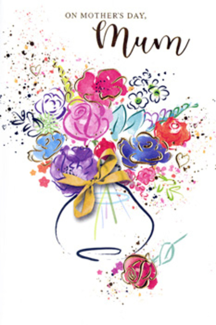 Artful Mother's Day card design showing an exuberant bouquet painted in flowing, expressive watercolour, as if inspired by the vibrant life around Earls Court station and the nearby garden squares. At the centre, a generous cluster of blossoms in bright cerise, rich magenta, and soft candy pink rises upward, with each petal delicately defined in deep indigo, giving the flowers a slightly whimsical, illustrated style. Cool tones of cornflower blue and muted lavender weave among the warmer hues, while subtle apricot and blush strokes soften the transitions, creating a layered, almost three-dimensional feel on the flat card. Threads of shimmering gold outline selected petals and leaves, and pick out tiny hearts and specks hovering around the bouquet, like glimmers of gratitude in the air. All of this colour and detail is gathered into a simple, gently curved vase at the bottom, washed in light neutrals and cinched with a slim golden bow that recalls the ribbon a florist ties before a bouquet sets off toward Kensington High Street or Earl's Court Square. The white background remains mostly untouched, allowing the colours to glow, while delicate splatters and sprays of pigment dance at the borders, giving a sense of festive movement and happiness. Together, these elements create a tender, uplifting image that feels like a spoken thank-you translated into flowers on paper, perfect for celebrating Mother's Day.