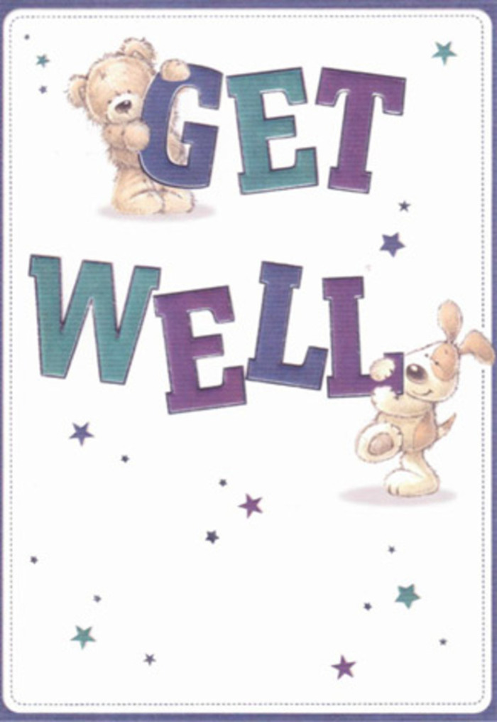 In this charming get well card design, the simple act of wishing someone better becomes a playful little scene, much like arranging a comforting vase of flowers for delivery to a quiet flat just off Earls Court Road. A cuddly teddy bear with rounded cheeks and soft, brushed caramel fur perches at the top of the large, hand-lettered word GET, its paws draped over the edge of the letters as though leaning down to offer a hug. Below, a sweet, floppy-eared puppy nestles against the boldly drawn word WELL, its body slightly turned, as if it has just bounded into place to help hold the sentiment steady. The typography is rendered in broad, confident strokes, blending jewel-like tones of deep purple, indigo, and teal that shift gently from dark to light, creating a sense of depth and shadow as if the letters are cut from layered coloured paper. Scattered around bear, pup, and text, small stars and stylised starbursts float across the creamy white background, tinted in soft blues, lilacs, and turquoise. They feel like tiny sparks of optimism drifting over the streets between Earls Court and nearby Kensington, each one a quiet wish for strength and swift healing. The overall lighting is bright and even, without harsh contrast, allowing every colour to remain clear and soothing-similar to natural daylight filling a room where a recovery bouquet might stand beside the bed. Fine linework suggests the fluff of the bear's fur and the silken swing of the puppy's ears, adding a tactile impression of warmth and comfort. Together, these gentle details transform the card into more than just a message; it becomes a small, reassuring companion, ideal alongside fresh, fragrant flowers sent to someone feeling under the weather in SW5.