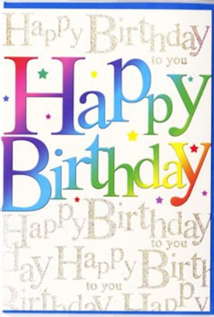 The image focuses on a single birthday card that captures a sense of joyful occasion, as if it were ready to be paired with a bright arrangement from Earls Court Flowers for a doorstep surprise. The central feature is the phrase Happy Birthday, written in large, rounded block letters that sweep across the width of the card. Each letter is alive with a smooth gradient of saturated colour, starting from deeper red and crimson tones at one side, then transitioning through warm pinks and lilacs into lush purples and royal blue, continuing through cool turquoise and rich green, and finally settling into soft yellow and warm golden hues. These colours blend into one another with no harsh breaks, echoing the soft transitions you see in a well-designed bouquet where blossoms shift from one shade to the next. Around the edges of the lettering, tiny flecks, dots, and almost star-like marks add a sense of lightness and celebration, reminiscent of confetti fluttering down during a party in a cosy Earl's Court garden flat. The background supports this central statement with lines of elegantly looping script that repeat the phrase Happy Birthday to you in delicate metallic gold. This script is small, graceful, and slightly reflective, forming a shimmering field behind the bolder letters without competing for attention. The card stock appears smooth and of good weight, with a subtle sheen that enhances the depth of the colours. You can almost imagine running your fingers over the surface, feeling the slight lift where the main words may be embossed. Overall, the design exudes cheerfulness, warmth, and thought, ideal for marking a cherished birthday in Earls Court with style and heart.