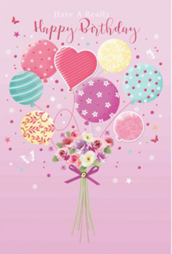 There is a quiet yet joyful energy in this birthday illustration, as if a small celebration has been captured mid-flight above the streets of Earl's Court. Set against a soft blush-pink backdrop, a cluster of balloons forms the focus of the design, floating upward with graceful ease. Their colours are soothing and cheerful-gentle pinks, sea greens, soft yellows, and touches of lavender blending harmoniously. Each balloon carries its own decorative personality: some are wrapped in curving candy-like stripes, others scattered with playful dots or stylised floral patterns. A heart-shaped balloon near the centre glows with tender warmth, drawing the eye and hinting at affection and closeness. The lighting feels like gentle daylight, perhaps the kind that filters past the classic Earl's Court terraces, giving the balloons a gentle luminosity. Below them, a compact bouquet anchors the whole scene. The stems are gathered tightly and tied with a shimmering purple bow, its satiny texture suggested by the way it catches the light. The flowers themselves feel like a fresh, hand-picked selection-small, rose-like blooms and daisy-inspired flowers in shades of ivory, blush pink, and dusky mauve. Their petals are soft and slightly curled, overlapping in layers that suggest a velvety touch and a light, sweet fragrance. Around the bouquet and balloons, delicate butterflies and tiny star accents flutter, giving the impression of a moment suspended in time, like confetti swirling gently after a birthday toast. The overall mood is tender, whimsical, and warm, echoing the feeling of receiving a lovingly arranged birthday surprise delivered from a florist just off Earl's Court Road.