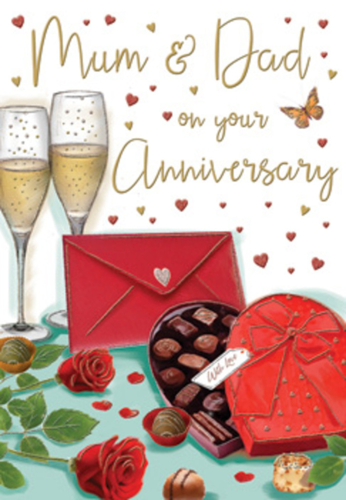 In this richly drawn anniversary card, the eye is immediately drawn to a heart-shaped chocolate box placed in the foreground, like the centrepiece of a romantic table in Earl's Court. The box is a deep, passionate red, its lid elegantly propped open and crowned by a voluminous satin bow whose loops cast soft, rounded shadows. Inside, neat rows of chocolates sit in a dark, plush-looking cradle, each confection unique-some domed, some square, some ridged-hinting at an assortment of flavours crafted for slow, shared enjoyment. Draped alongside the box are two opulent red roses, lying naturally across the surface. Their petals are thick and velvety, layered in tight spirals that open outward, showcasing subtle variations of crimson and ruby tones. Surrounding the blooms, glossy green leaves fan out with gentle curves, providing contrast and framing, much like a hand-tied arrangement from a local Earl's Court florist. Rising in the background, two champagne flutes stand close together, filled with shimmering golden champagne whose fine bubbles climb the sides in delicate streams. The glass catches glints of imaginary candlelight, lending the card a soft, celebratory glow. Nearby, a red envelope sealed with a tiny heart rests on the surface, slightly angled as if just placed there with care, suggesting a tender note for Mum & Dad on their anniversary. Floating above the main elements, small gold and crimson hearts drift in loose clusters, encircling the scripted message with a subtle sense of movement. Altogether, the image captures the feeling of an intimate family celebration in Earl's Court-elegant, affectionate, and filled with thoughtful detail.