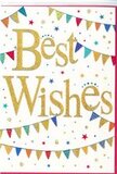 This congratulations card is a bright, festive piece of stationery that could easily accompany a fresh flower delivery winding its way through the streets of Earls Court. The background is a clean, luminous white, giving the card a fresh, modern feel. In the centre, the phrase Best Wishes is written in sweeping, golden script, the letters generous and rounded, with a subtle glitter that makes them sparkle as though catching early afternoon sun along Earls Court Road. The gold is rich without being brassy, adding an understated luxury and a sense of occasion. Framing this message, strings of colourful bunting curve gently from one edge to the other, like decorations strung across a quiet mews on a summer evening. Each triangular flag is a pop of colour-deep blue, bright red, verdant green, vivid yellow-and many are decorated with small patterns: neat stripes, lively dots, or mosaic-like shapes that break up the solid colours with cheerful detail. Dotted across the remaining white space are tiny stars and round confetti shapes, lightly scattered so they seem to drift and dance around the central words. This gives the overall image a feeling of movement and spontaneity, as if someone has just cheered and thrown a handful of confetti into the air. Despite the playfulness, the card maintains a clean, elegant composition that would suit a wide range of occasions: celebrating a promotion near Warwick Road, wishing good luck on a new venture, or congratulating a couple on their new flat off Old Brompton Road. It's an image of pure, uncomplicated positivity, the visual equivalent of a warm, heartfelt pat on the back.