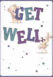 A whimsical get well card illustration shows a soft, honey-brown teddy bear and a floppy-eared puppy working together to send a cheerful recovery message, the way a caring florist in Earls Court might thoughtfully build a bouquet to lift someone's spirits. The teddy, with rounded paws and a slightly tilted head, hugs the top of the big, bold word GET, while the puppy balances playfully against the word WELL beneath, its ears tumbling down like velvet ribbons. The letters themselves are large and friendly, shaded in rich indigo, deep purple, and teal, with gentle gradients that give them a slightly three-dimensional feel, like cut-out shapes arranged carefully on a studio table. Around the characters, scattered stars and starbursts in shades of blue, aqua, and lilac float across a clean, creamy white background, evoking tiny sparks of hope drifting over the rooftops between Earls Court Road and Warwick Road. The surface looks smooth and matte, with soft, even lighting that makes the colours clear but never harsh, like a bright yet overcast London morning. The fur of the bear and pup appears touchably soft, with fine strokes suggesting fluff and warmth, as if their cuddly presence could stand in for a hug when you cannot be there in person. Overall, the card feels like a small, joyful celebration of care and healing-an image you could imagine arriving alongside a fresh vase of flowers delivered to a hospital near Cromwell Road, carrying comfort, encouragement, and a gentle reminder that someone in Earls Court is thinking of you.