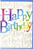 In this image, a single birthday card stands as the focal point, its colourful design mirroring the upbeat, cosmopolitan feel of Earls Court's streets. The words Happy Birthday dominate the front, spelled out in bold capitals that feel inviting rather than formal. Each letter is painted with a velvety gradient that runs through the full arc of the rainbow: deep crimson dissolves into rosy pink, which then softens into violet and royal blue, before flowing into teal, grassy green, and finally buttery yellow and pale gold. The transition between these colours is gentle and fluid, giving the sense that the letters have been dipped into pools of blended paint. Strewn around the lettering are small dots and specks of coordinating colours, suggestive of confetti or tiny bursts of light frozen mid-air. Behind this exuberant text, the background is quietly animated by a repeating line of Happy Birthday to you written in slender, looping gold script. The script is fine and continuous, creating a shimmering pattern that reads more as a soft, golden texture from a distance but resolves into words as you focus. The metallic ink appears to catch and reflect light subtly, much like the glimmer of evening lamps along Earls Court Road. The card's surface seems sleek, with a slight gloss that enhances both the rainbow letters and the gold script without causing glare. The overall feel is one of modern celebration, affectionate and bright, the perfect companion to a hand-delivered birthday bouquet that aims to make someone's day in Earls Court truly memorable.