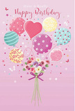 This birthday scene appears like a whimsical postcard from Earl's Court, where soft colours and floral charm meet in a floating celebration. A blush-pink background sets a dreamy stage for a cluster of pastel balloons that rise gracefully through the centre of the composition. The balloons are painted in a palette of gentle rose, sea green, lemon yellow, and lavender, their rounded forms overlapping in a friendly, festive cluster. Each one is adorned with playful detailing: some show swirling, candy-inspired stripes, others are speckled with joyful polka dots or stylised flowers, and a central heart-shaped balloon radiates a gentle warmth that feels full of affection. The lighting is soft and even, as though it were a quiet afternoon near Earl's Court Gardens, giving each balloon a faint sheen and a sense of volume. At the bottom, a small, hand-tied bouquet anchors the design. Stems are neatly collected and secured with a violet satin bow that glows subtly, suggesting a smooth, tactile texture. The flowers within the bouquet include delicate roses and anemone-like blossoms in creamy white, blush pink, and soft mauve, nestled together in a compact, rounded cluster. Their petals appear feathery and light, evoking the idea of a fresh, sweet fragrance rising from a local workbench. Around the arrangement float tiny butterflies and star-like specks, adding a touch of fairy-tale magic, as if the bouquet carries with it invisible birthday wishes. The overall feeling is airy, thoughtful, and joyfully understated, the kind of design that could easily accompany a same-day flower delivery to a friend or loved one living just off Earl's Court Road or near the station.