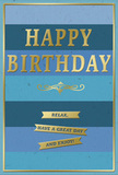 This quietly striking birthday card gives off a sense of calm celebration, as if it belongs beside a simple vase of fresh flowers on a windowsill overlooking Earls Court's leafy streets. Its background is composed of wide, horizontal stripes of blue, carefully layered from darkest at the bottom to lightest at the top. A deep navy base slowly merges into rich denim and teal, then to softer ocean blue tones, finally ending in a pale, almost pastel sky blue along the upper edge. The effect is gentle and soothing, like a clear horizon seen above Earls Court Road on a bright day. Centered on this tranquil backdrop, the words HAPPY BIRTHDAY stand out in large gold capital letters, deeply embossed so that they rise slightly from the surface of the card. The gold has a warm, reflective quality, catching glints of light in a way that feels elegant rather than flashy. Directly underneath, a slim, decorative golden flourish sweeps in a symmetrical curve, lending a touch of traditional charm and balancing the bold text with subtle ornamentation. In the lower third of the card, three gold banners sit in a neat, horizontal arrangement. Modeled like small ribbons, each banner carries part of the friendly sentiment: Relax, have a great day and enjoy! The phrase reads as a gentle, reassuring suggestion, much like the feeling of receiving flowers and a card delivered to your Earls Court doorstep. A fine gold border frames the entire design, providing a precise, luminous edge that ties everything together. Overall, the card's blues and golds create a mood that is both peaceful and festive, ideal for marking a birthday with grace, warmth, and unhurried joy.