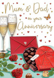 This detailed anniversary card illustration captures the essence of a cosy, urban celebration, as if set in a favourite Earl's Court spot after a lovingly prepared meal. In the foreground, a heart-shaped box of chocolates is presented open, its rich red lid and sweeping satin bow revealing a carefully arranged selection of treats. Each chocolate is nestled in a dark, textured tray, their varied shapes and finishes-some smooth and reflective, others delicately patterned-suggesting a luxurious assortment made for sharing. To one side, two deep red roses relax across the scene, their velvety petals packed with texture and depth, resembling the kind of premium blooms chosen for a special anniversary bouquet. Their glossy green leaves extend outwards in soft arcs, guiding the eye towards the back of the composition, where two tall champagne flutes stand close and perfectly aligned. The glasses are filled with pale golden champagne, alive with a fine mist of rising bubbles that lend an air of sparkle and anticipation. A bold scarlet envelope rests nearby, sealed with a small heart detail that hints at a personal message for Mum & Dad, perhaps recalling years spent together wandering nearby gardens or meeting around Earl's Court Station. Soft golden and crimson hearts float across the warm-toned background, framing the central elements and the hand-lettered greeting with a playful yet tender atmosphere. The entire scene feels like a snapshot of shared joy, where flowers, fizz, sweets, and sincere words come together to honour a long and loving partnership.